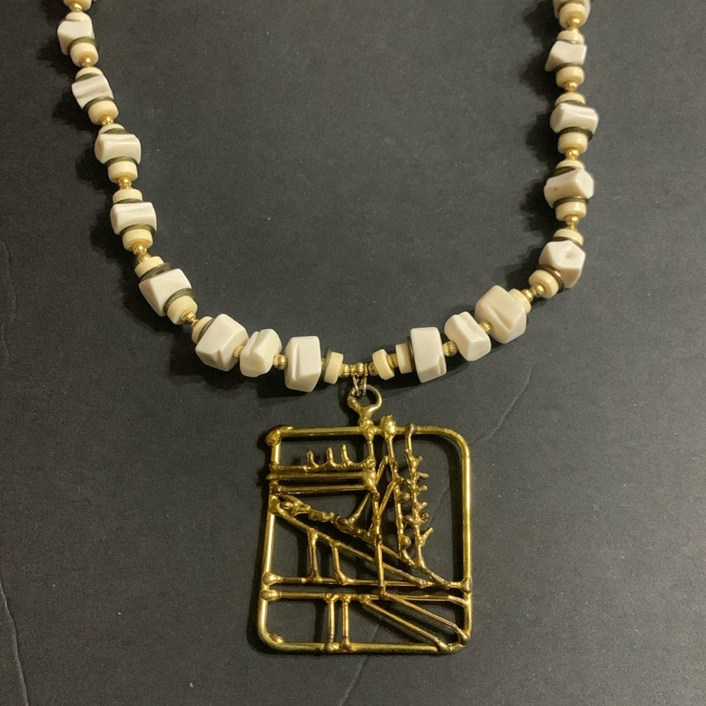 Vintage Bone Chunk Necklace w/ Gold abstract pendant handmade original